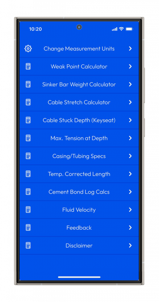 Wireline Calcs calculator list on an Android phone