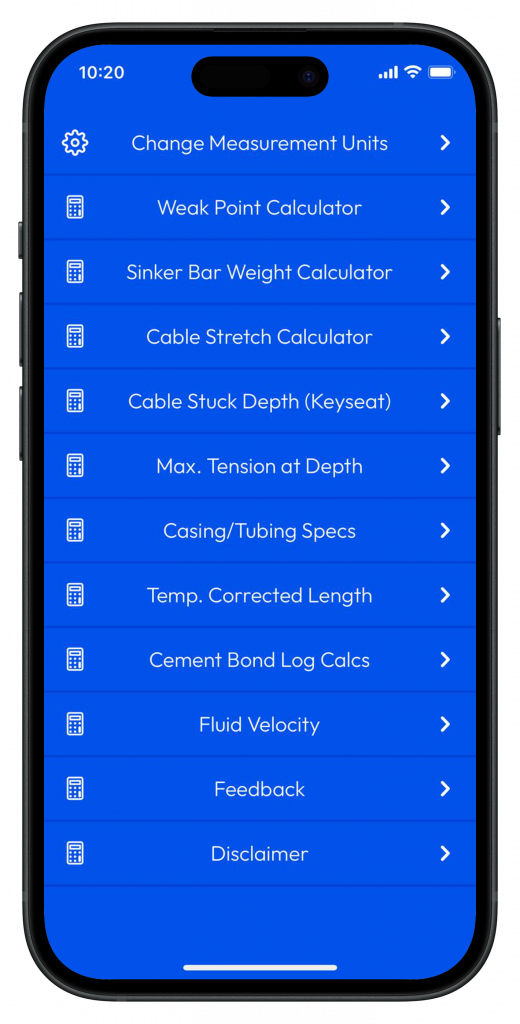 Wireline Calcs calculator list on an iPhone