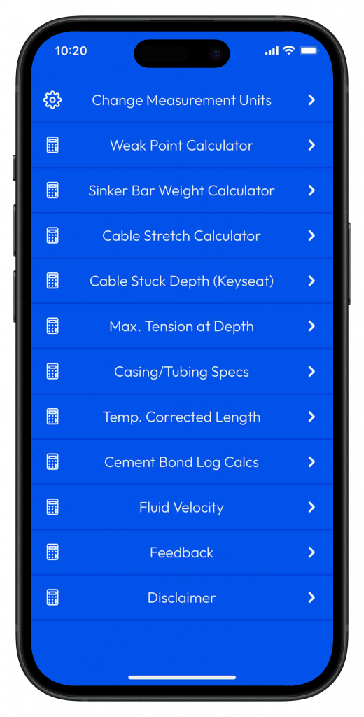 iOS device showing wireline calcs app
